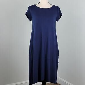 Eileen Fisher Short-Sleeve Blue Midi Dress with Pockets Size XS